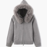 Damen Strickjacke Grau mit Kapuze und Kunstpelz – Warme Winterjacke