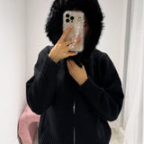 Damen Strickjacke Grau mit Kapuze und Kunstpelz – Warme Winterjacke