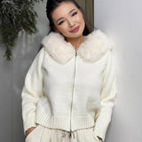 Damen Strickjacke Grau mit Kapuze und Kunstpelz – Warme Winterjacke