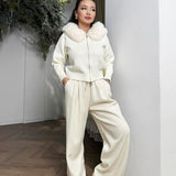 Damen Strickjacke Grau mit Kapuze und Kunstpelz – Warme Winterjacke