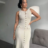 Rosamund | Elegantes Knopfdetail Ärmellos-Maxikleid – Zeitlose Klasse & Raffinesse