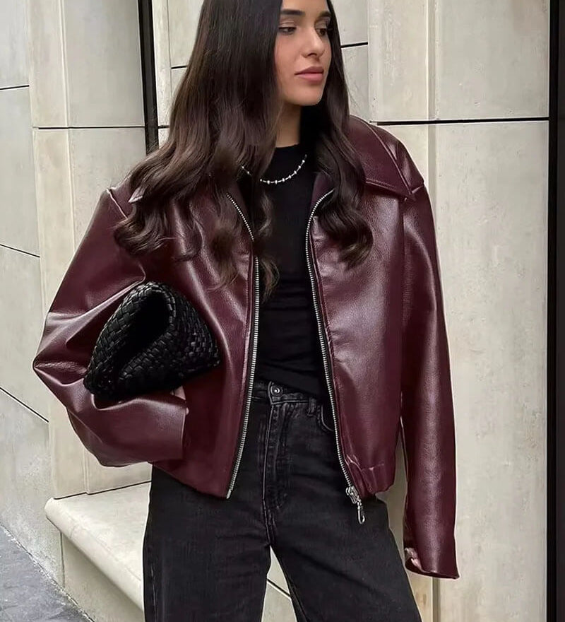 Damen Kunstlederjacke im Oversize-Look – Modische Übergangsjacke mit Reißverschluss