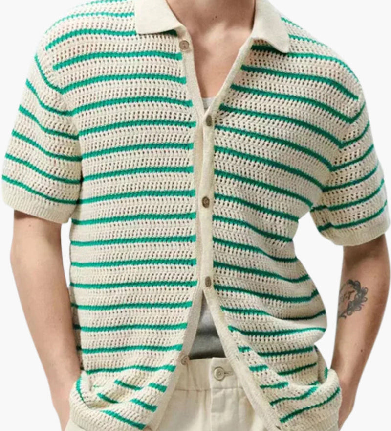 Weston | Grüner Streifen Gestrickt Gehäkeltes Herren Sommerhemd mit Knopfleiste