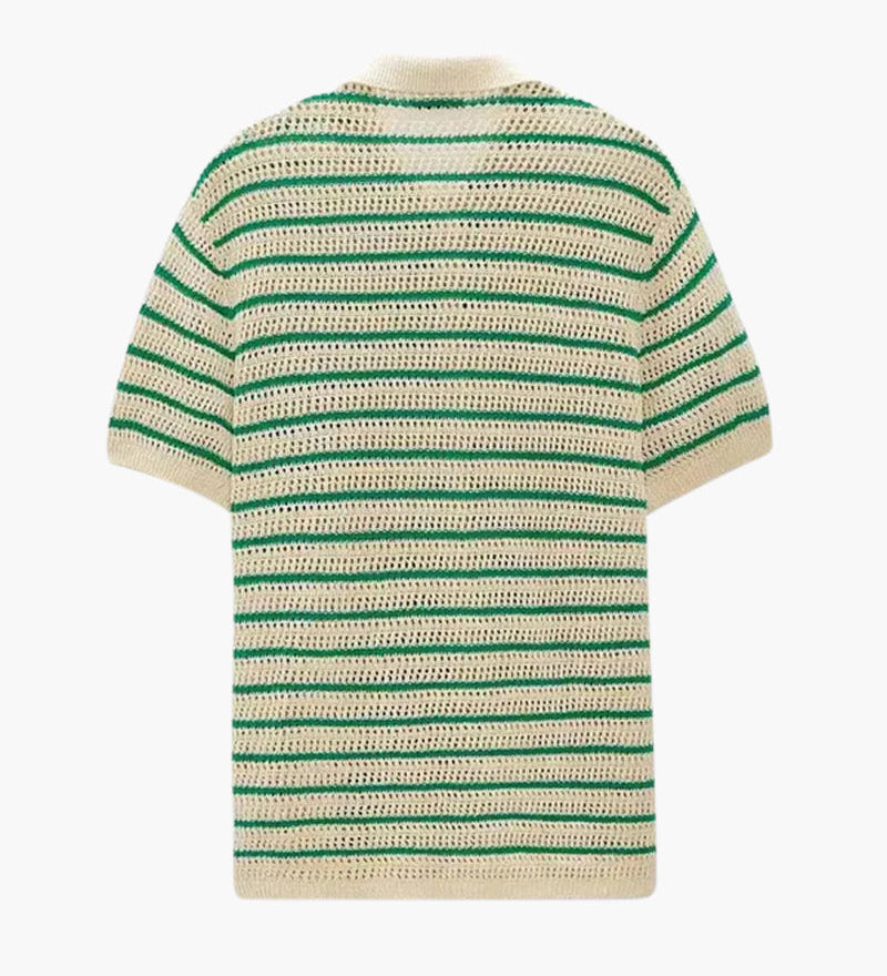 Weston | Grüner Streifen Gestrickt Gehäkeltes Herren Sommerhemd mit Knopfleiste
