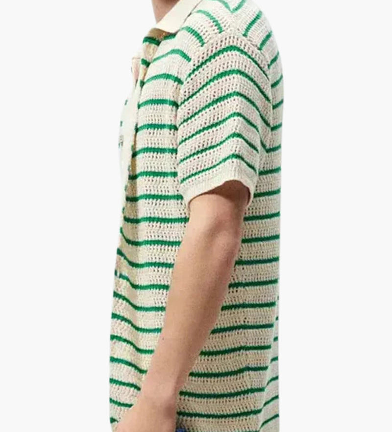 Weston | Grüner Streifen Gestrickt Gehäkeltes Herren Sommerhemd mit Knopfleiste