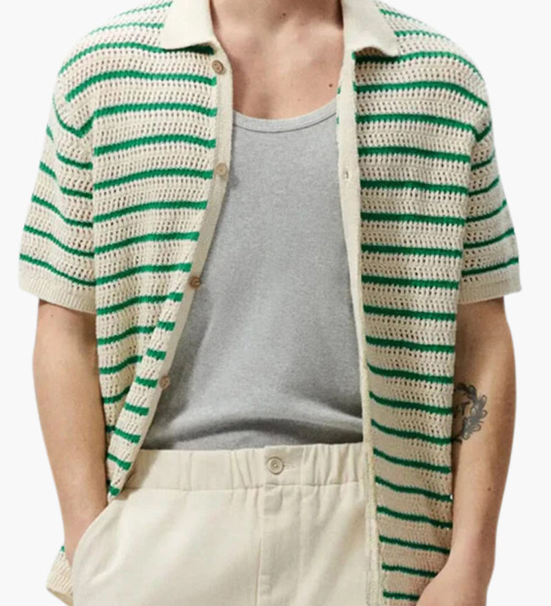 Weston | Grüner Streifen Gestrickt Gehäkeltes Herren Sommerhemd mit Knopfleiste