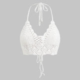 Nora | Weiß Handgehäkeltes Boho-Crop-Top mit Neckholder & verstellbaren Bindebändern