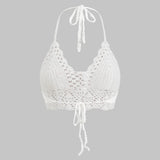 Nora | Weiß Handgehäkeltes Boho-Crop-Top mit Neckholder & verstellbaren Bindebändern