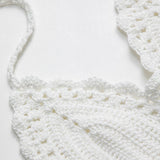 Nora | Weiß Handgehäkeltes Boho-Crop-Top mit Neckholder & verstellbaren Bindebändern