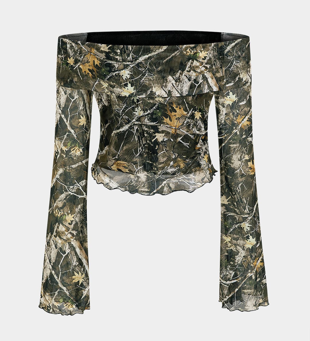 Anna | Off-Shoulder Mesh-Top mit Camouflage-Print & Trompetenärmeln
