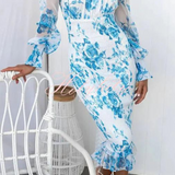 Romantisches Off-Shoulder Bodycon Kleid mit Blumenprint – Figurbetontes Midikleid in Rosa für Sommer & Events