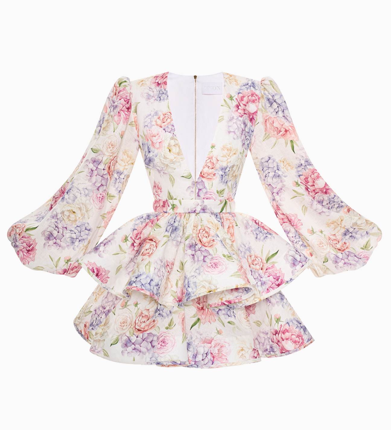 Kurzes Blumenkleid mit Puffärmeln und tiefem V-Ausschnitt für Damen