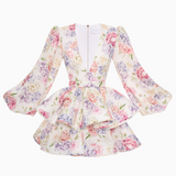 Kurzes Blumenkleid mit Puffärmeln und tiefem V-Ausschnitt für Damen