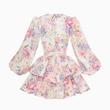 Kurzes Blumenkleid mit Puffärmeln und tiefem V-Ausschnitt für Damen