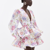 Kurzes Blumenkleid mit Puffärmeln und tiefem V-Ausschnitt für Damen