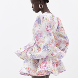 Kurzes Blumenkleid mit Puffärmeln und tiefem V-Ausschnitt für Damen