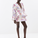 Kurzes Blumenkleid mit Puffärmeln und tiefem V-Ausschnitt für Damen