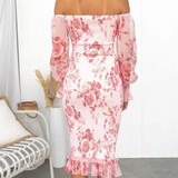 Romantisches Off-Shoulder Bodycon Kleid mit Blumenprint – Figurbetontes Midikleid in Rosa für Sommer & Events