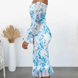 Romantisches Off-Shoulder Bodycon Kleid mit Blumenprint – Figurbetontes Midikleid in Rosa für Sommer & Events