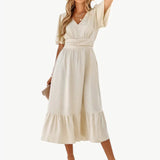 Midi-Sommerkleid mit V-Ausschnitt und Taillenbetonung – Locker & Feminin