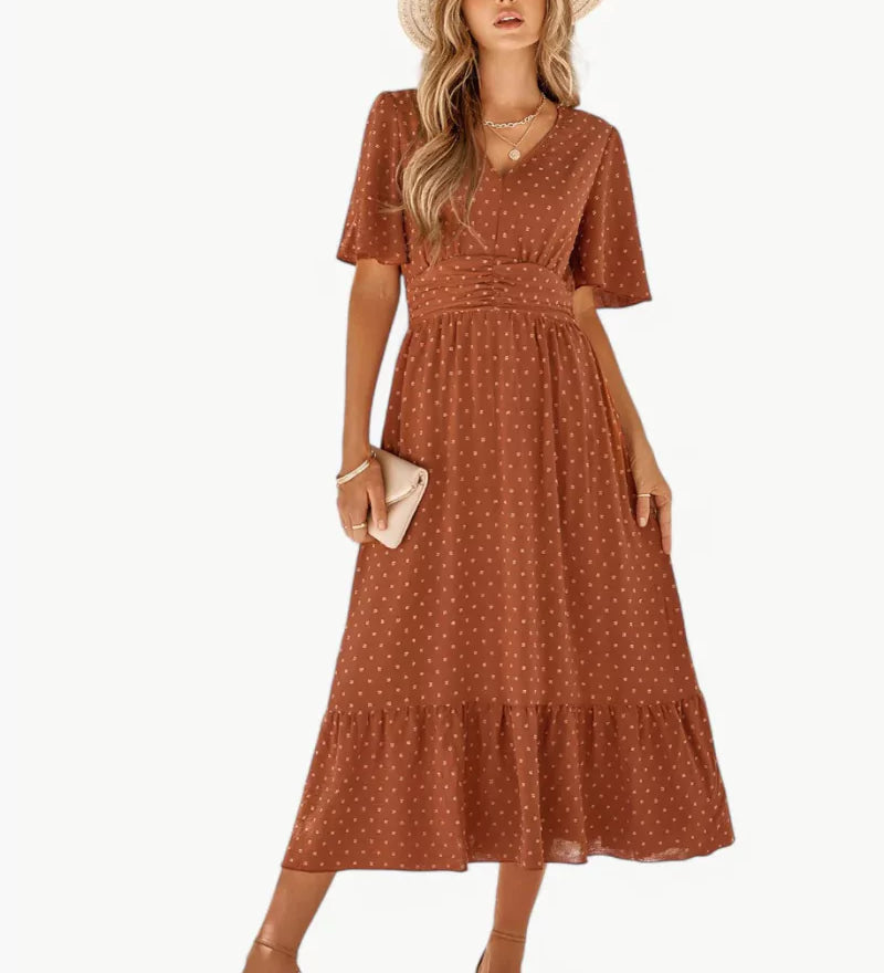 Midi-Sommerkleid mit V-Ausschnitt und Taillenbetonung – Locker & Feminin