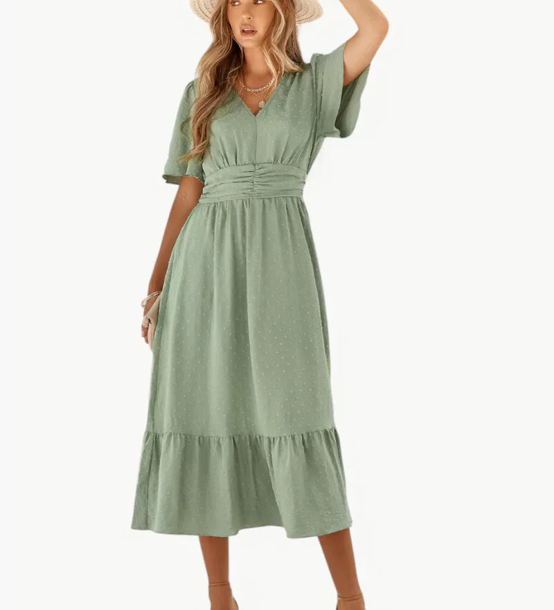 Midi-Sommerkleid mit V-Ausschnitt und Taillenbetonung – Locker & Feminin