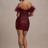 Sara | Pailletten-Minikleid mit Off-Shoulder Federbesatz