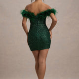 Sara | Pailletten-Minikleid mit Off-Shoulder Federbesatz