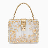 Luxus-Acryl Clutch in Himmelblau mit barockem Golddekor – Vintage-inspirierte Abendtasche