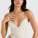 Karla | Weißes veganes Lederkorsett mit drapiertem Midirock für Frauen