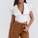 Gertrud | Elegantes Weißes Korsett-Top mit Puffärmeln und Wellensaum-Kragen