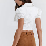 Gertrud | Elegantes Weißes Korsett-Top mit Puffärmeln und Wellensaum-Kragen