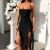 Verena | Schwarz Verführerisches Abendkleid mit asymmetrischen Rüschen