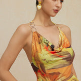 Mira | Asymmetrischer Seitenschlitz Neckholder-Minikleid mit Kunstdruck