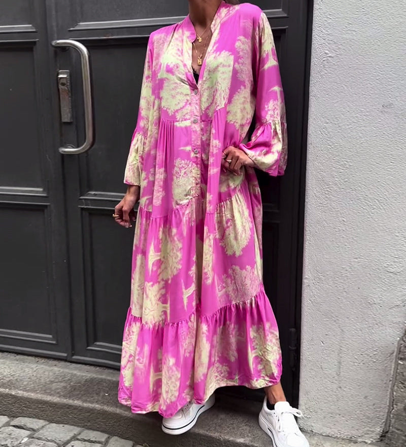 Maxikleid mit Print, Volantärmeln & Stehkragen – Stilvoll & Luftig