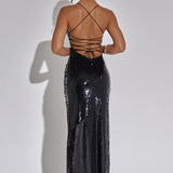 Dyonne | Schwarzes Paillettenkleid mit Beinschlitz & Spaghettiträgern