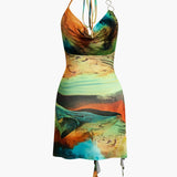 Mira | Asymmetrischer Seitenschlitz Neckholder-Minikleid mit Kunstdruck