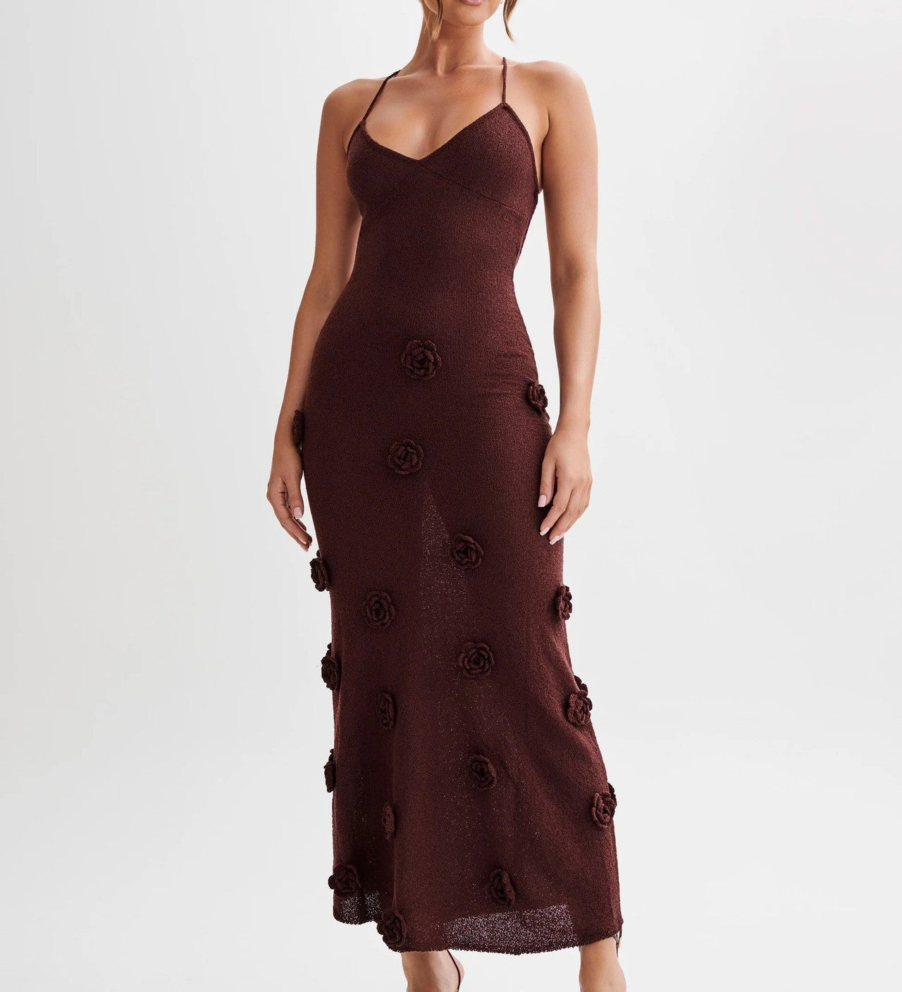 Maxikleid mit Spaghettiträgern und 3D-Blumenapplikationen für Damen