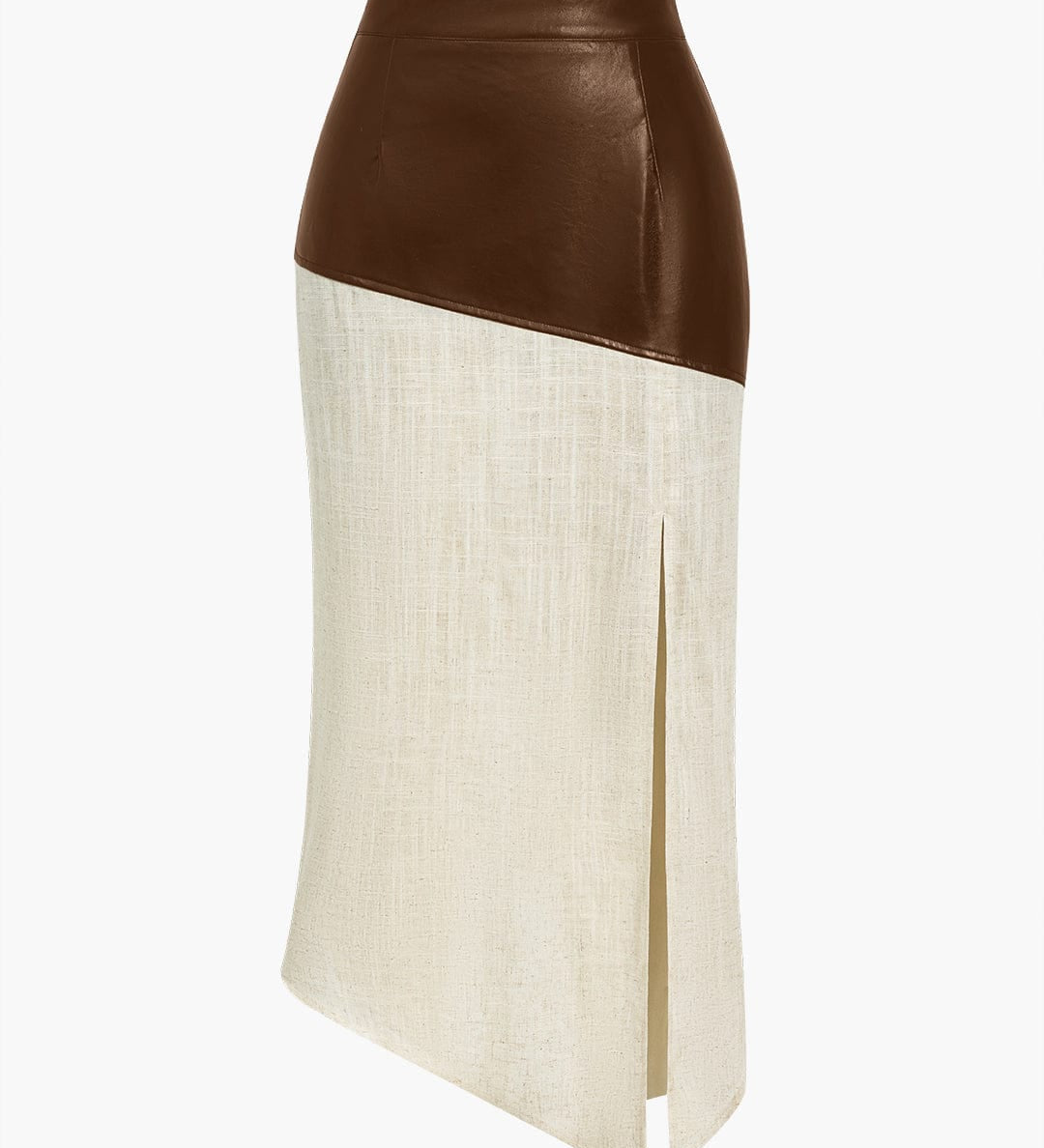 Danica | Eleganter Midirock mit asymmetrischem Kunstleder und Leinen-Design