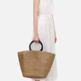 Soléa | Große Strohtasche mit runden Kunstledergriffen – Handgetragene Sommer-Tote Bag