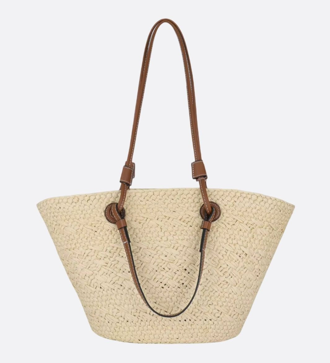 Amara | Trapezförmige Damen-Strohtasche mit Kunstleder-Schulterriemen & Korbstruktur