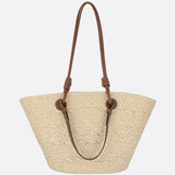 Amara | Trapezförmige Damen-Strohtasche mit Kunstleder-Schulterriemen & Korbstruktur