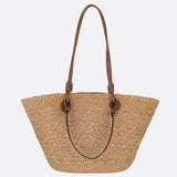 Amara | Trapezförmige Damen-Strohtasche mit Kunstleder-Schulterriemen & Korbstruktur