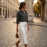 Damen Leinenbluse mit Langarm und Umlegekragen