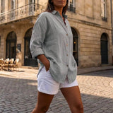 Damen Leinenbluse mit Langarm und Umlegekragen