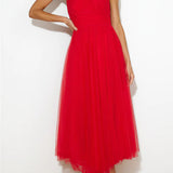 Elegantes Tüllkleid – Halterneck Midikleid mit A-Linie & Schleierkragen