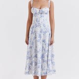 Hannah | Midikleid mit Corsagen-Top & blau-weißem Blumenprint