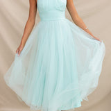 Elegantes Tüllkleid – Halterneck Midikleid mit A-Linie & Schleierkragen