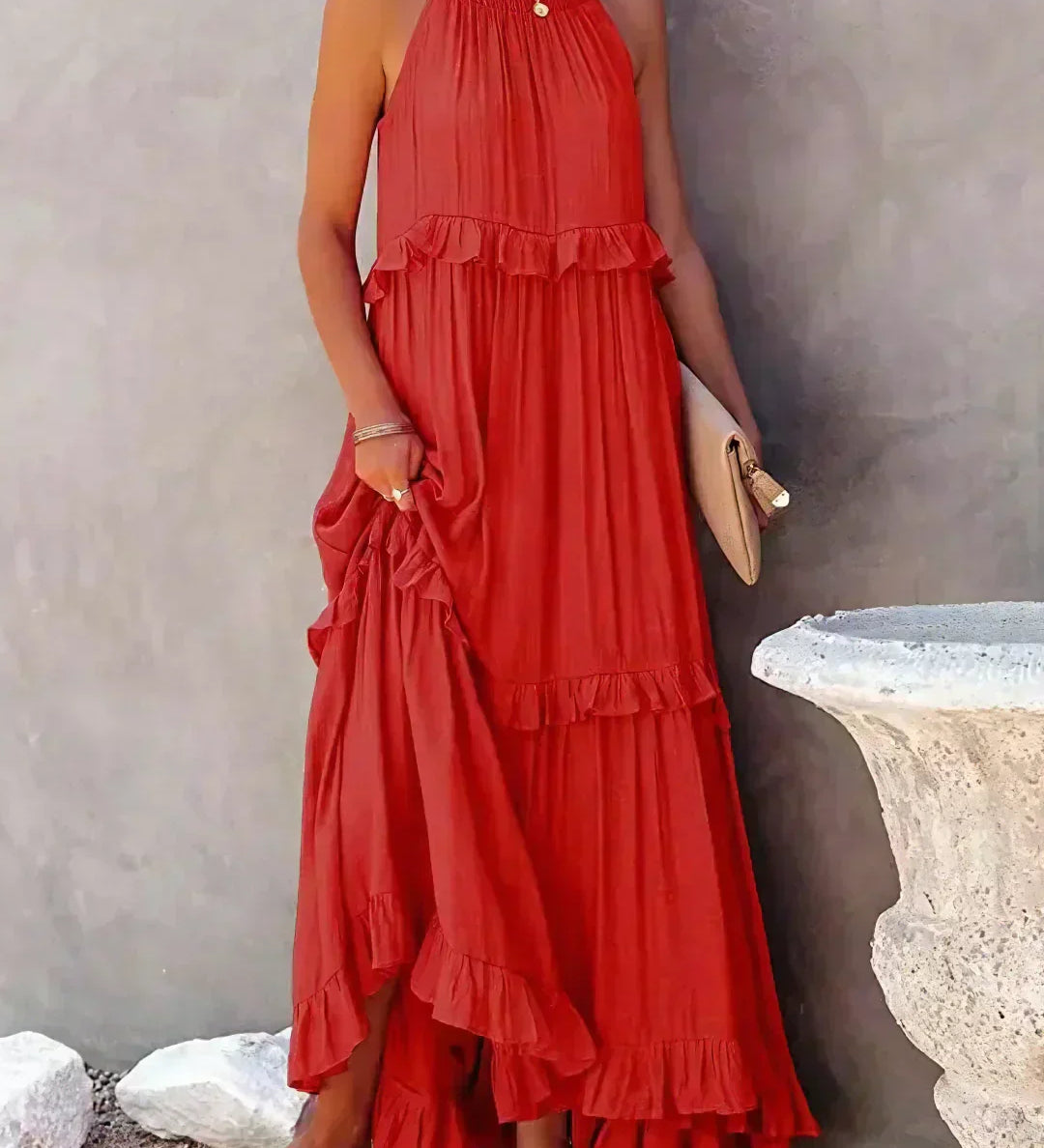 Boho Maxikleid mit Volants & Neckholder-Ausschnitt – Sommerlich & Feminin