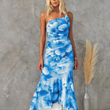 Asymmetrisches Midikleid mit Blumenmuster – Schulterfreies Sommerkleid mit Volant-Saum